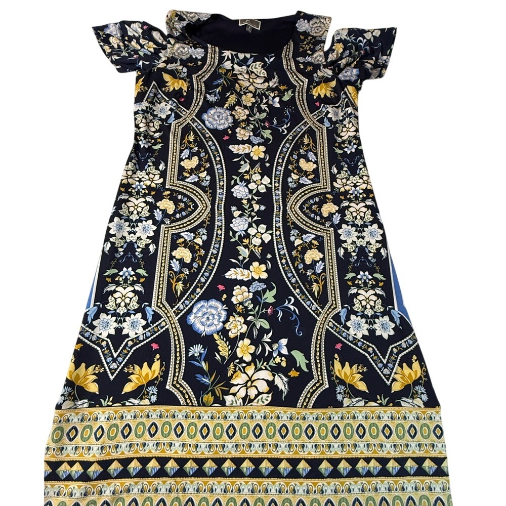 JM Collection Floral Print Dress Women Medium Navy Boho Midi‎ Flutter Sleeve